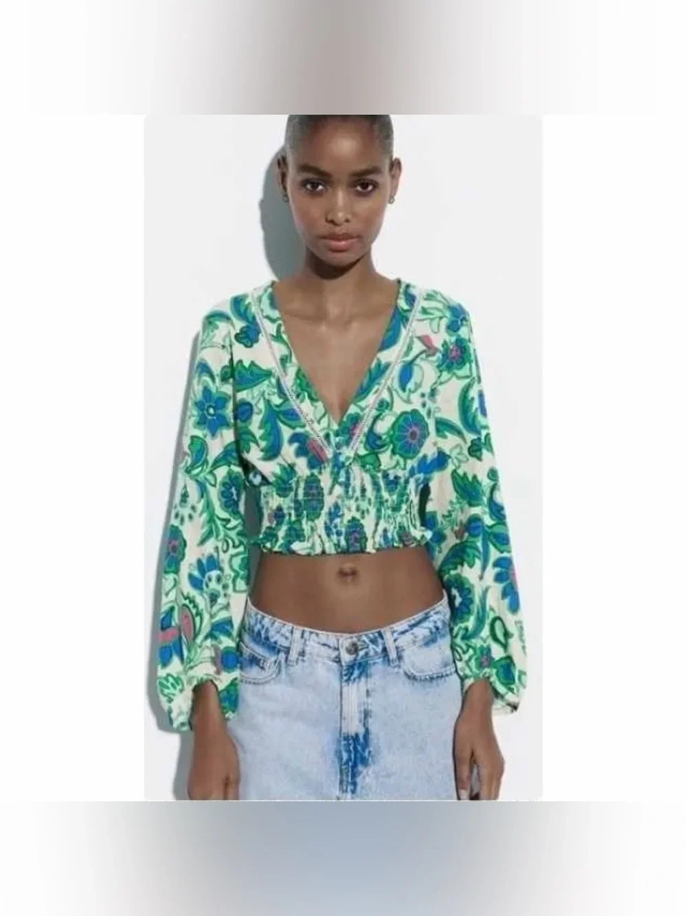 NWT Zara Linen Blend Floral Smocked Crop Blouse